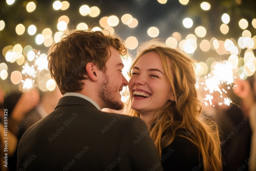 Joyful Couple Embracing Amidst Sparkling Lights at a Celebration, Capturing Heartfelt Moments of Love and Happiness in an Enchanting Evening Atmosphere Joyful Couple Embracing Amidst Sparkling Lights at a Celebration, Capturing Heartfelt Moments of Love and Happiness in an Enchanting Evening Atmosphere