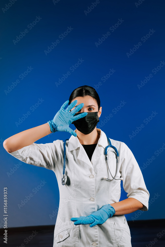 Female doctor in a black mask and blue gloves posing on a blue background.Portrait of a female doctor.Covid.Pandemic.Vaccination.Medicine concept Female doctor in a black mask and blue gloves posing on a blue background.Portrait of a female doctor.Covid.Pandemic.Vaccination.Medicine concept