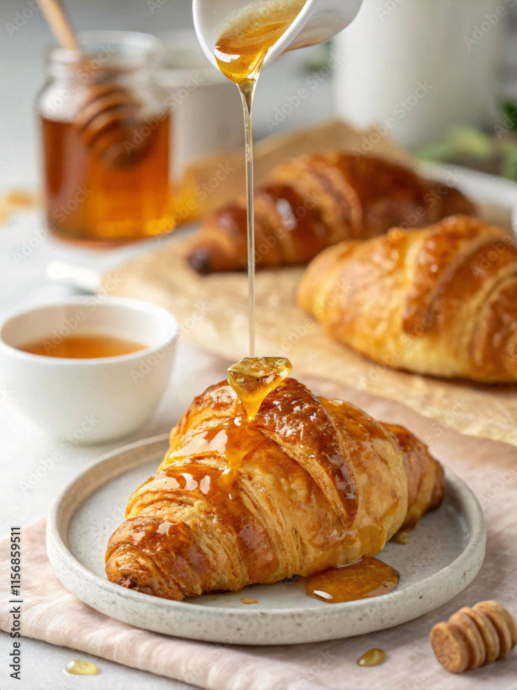 Delicious croissant drizzled with honey, served with tea and cozy ambiance Delicious croissant drizzled with honey, served with tea and cozy ambiance
