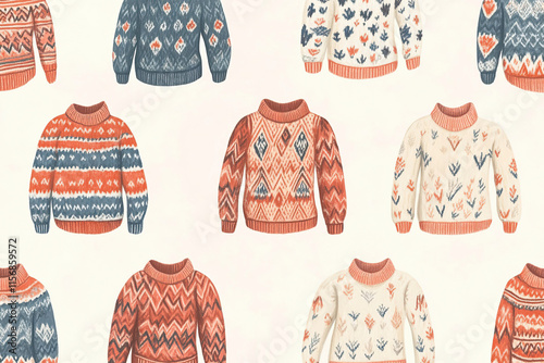 A pattern of blue-red knitted sweaters on a light beige background.