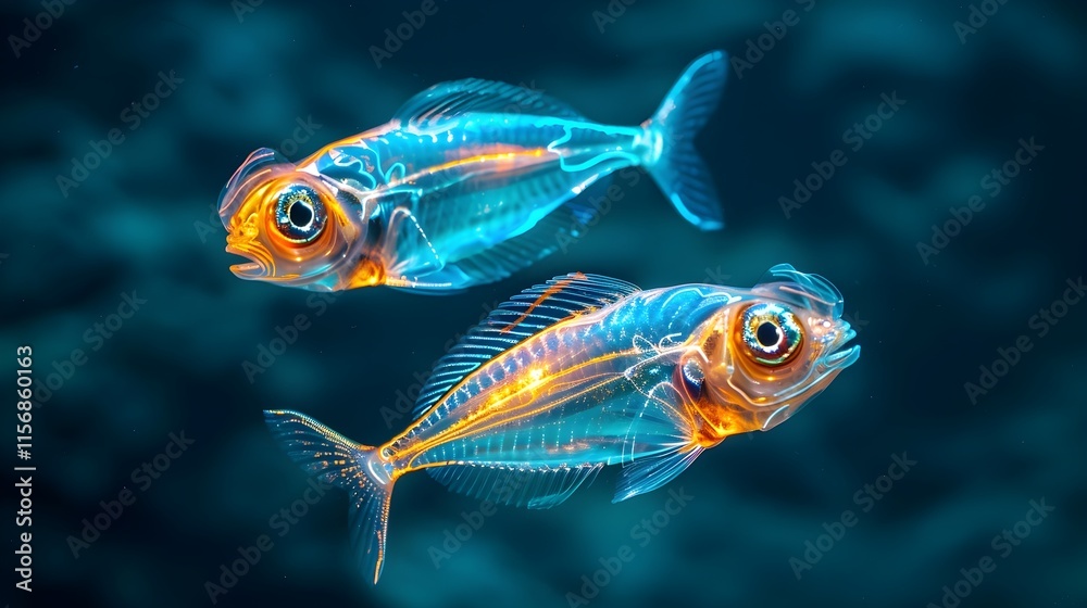 Naklejka premium Colorful Bioluminescent Fish Swimming in Deep Ocean Environment