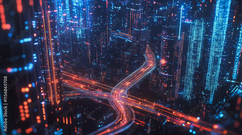 Fototapeta premium Smart digital Innovation city with connection network reciprocity over the cityscape. of future smart wireless city and social media networking systems that connects business people with in city