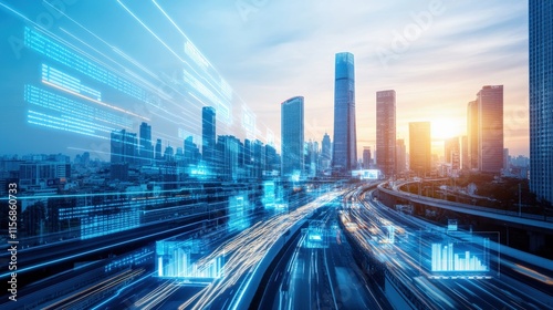 Urban Cityscape at Sunset with Digital Overlay Representing Data and Connectivity in a Modern Metropolis, Symbolizing Technology and Innovation in Urban Development
