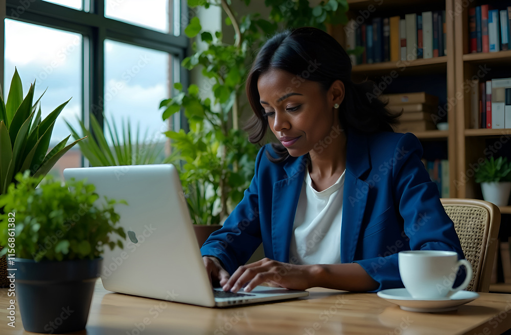 A Focused Professional Efficiently Working on a Laptop Within a Modern and Stylish Workspace