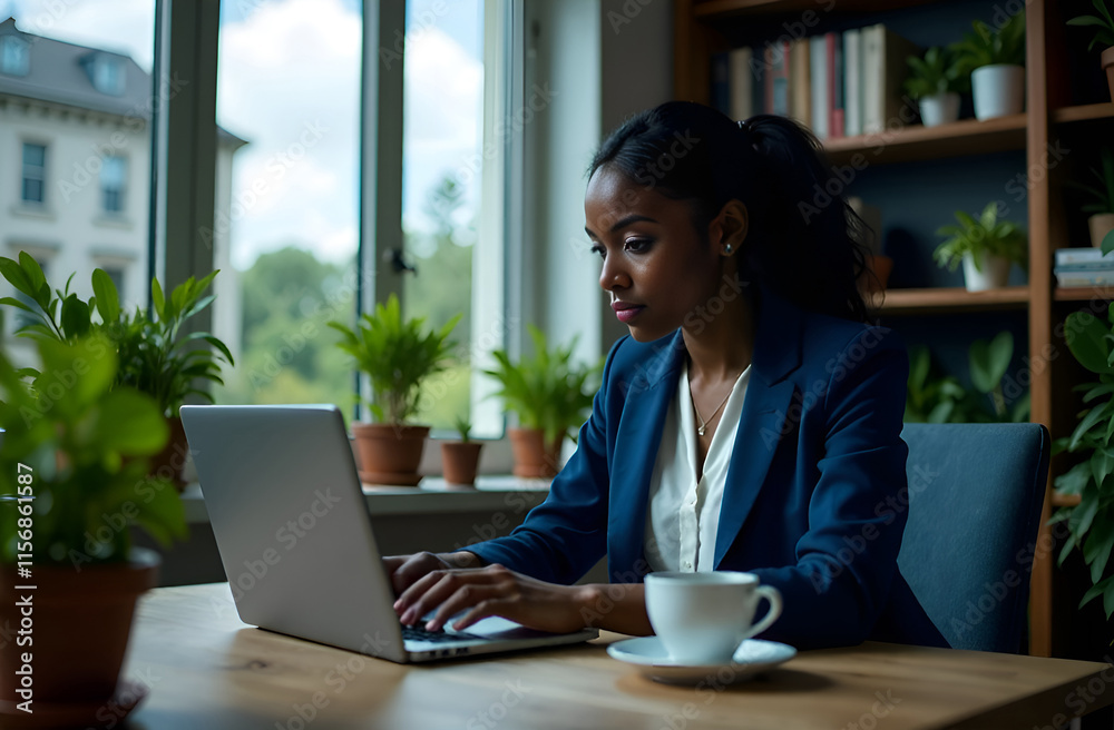 A Focused Professional Efficiently Working on a Laptop Within a Modern and Stylish Workspace A Focused Professional Efficiently Working on a Laptop Within a Modern and Stylish Workspace