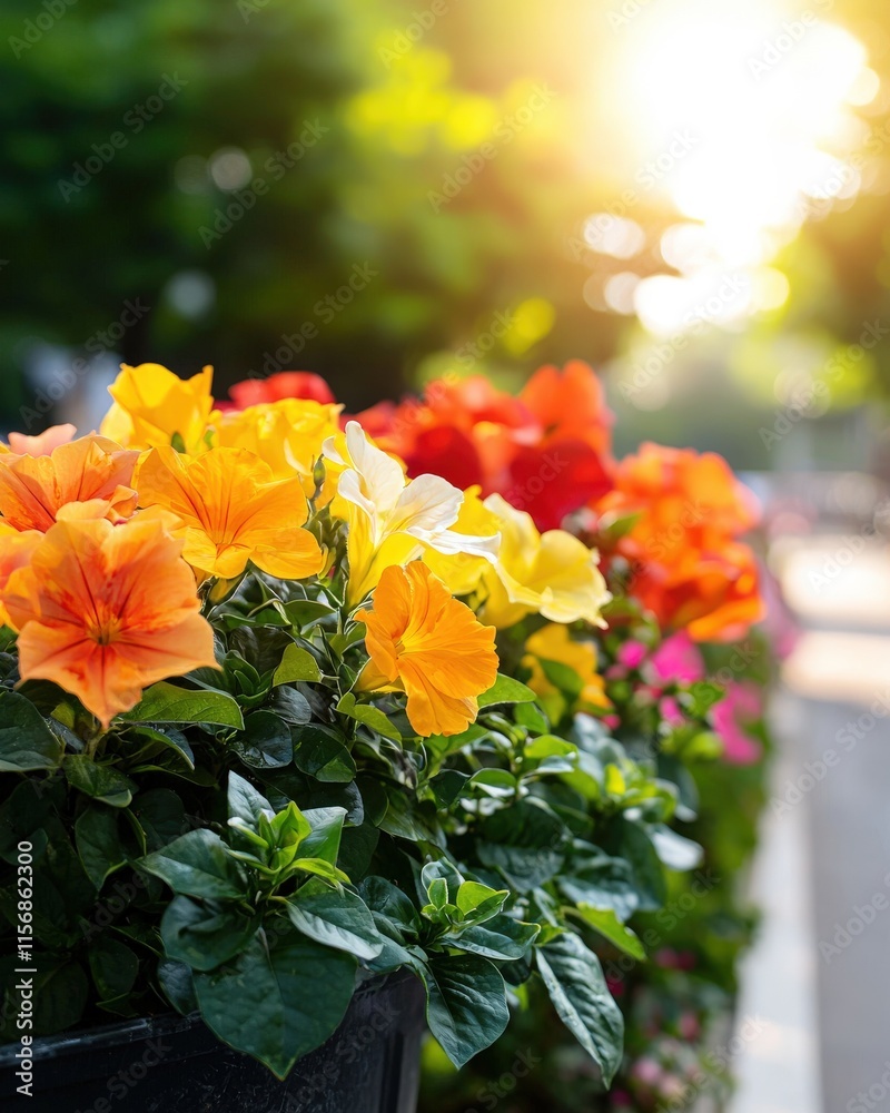 Vibrant flower blooms in sunlit urban garden nature photography spring Vibrant flower blooms in sunlit urban garden nature photography spring