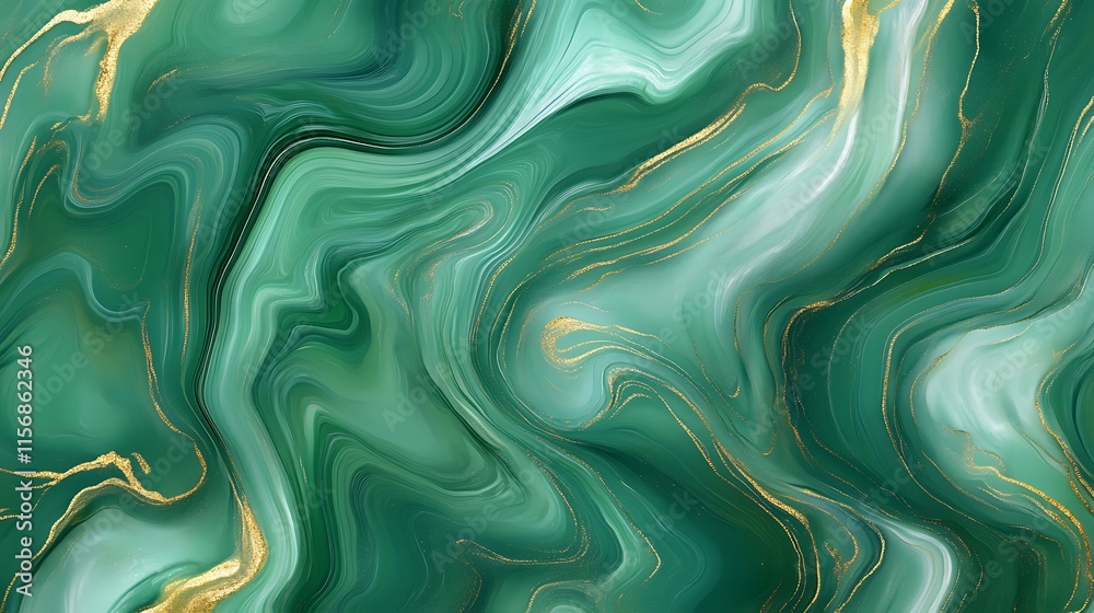 Obraz premium Stunning Emerald Green and Gold Liquid Marble Digital Painting: Abstract Swirling Texture Illustration. AI Generated