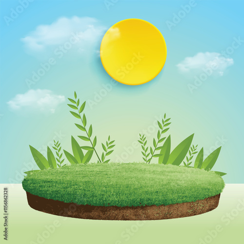 Green Tree podium, green nature landscape, sun and clouds on blue sky background. clouds and papercut style yellow mountains on light blue background, blue and green color combination 
