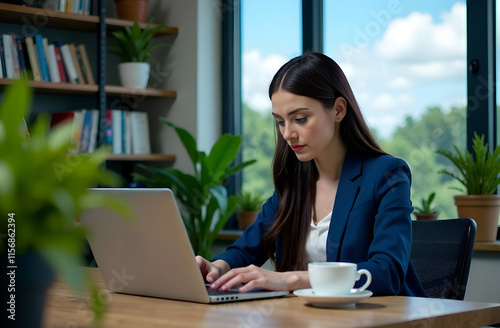 Obraz na płótnie A Focused Professional Efficiently Working on a Laptop Within a Modern and Stylish Workspace w salonie