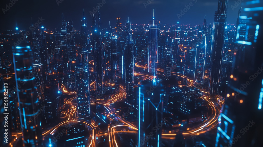 Smart digital Innovation city with connection network reciprocity over the cityscape. of future smart wireless city and social media networking systems that connects business people with in city Smart digital Innovation city with connection network reciprocity over the cityscape. of future smart wireless city and social media networking systems that connects business people with in city