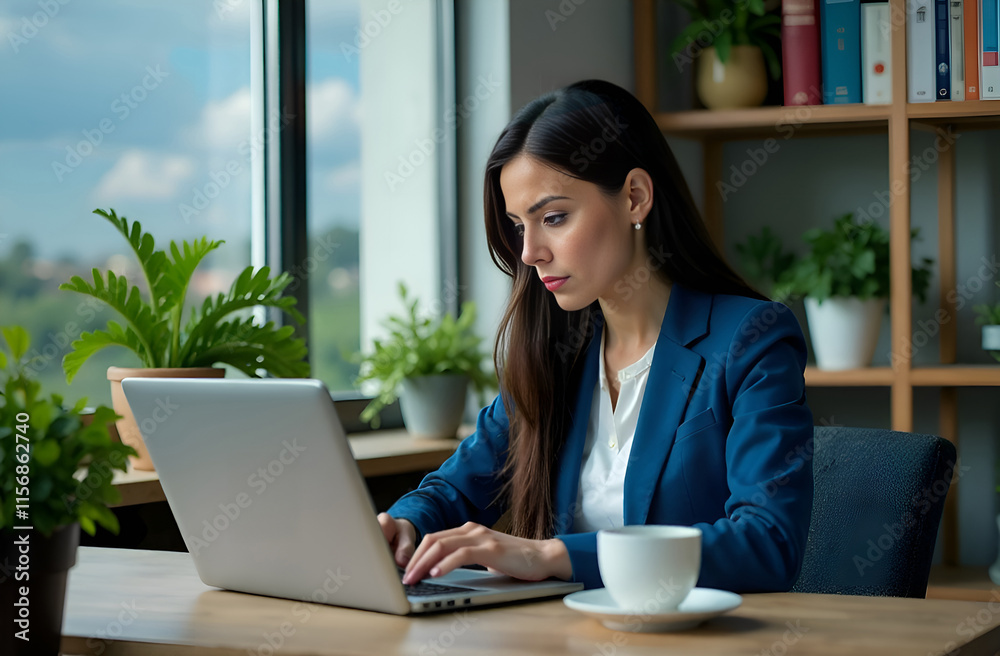 A Focused Professional Efficiently Working on a Laptop Within a Modern and Stylish Workspace
