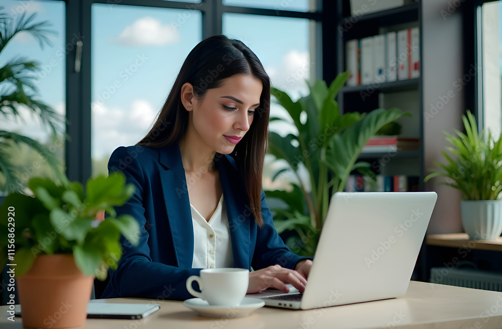 A Focused Professional Efficiently Working on a Laptop Within a Modern and Stylish Workspace