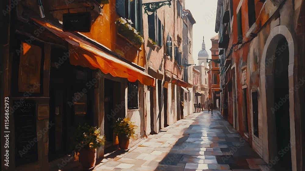 Sun-Drenched Photo: Narrow Cobblestone Street in a Vibrant European City. AI Generated Sun-Drenched Photo: Narrow Cobblestone Street in a Vibrant European City. AI Generated