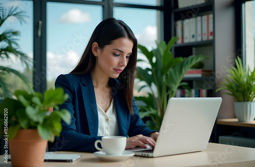 A Focused Professional Efficiently Working on a Laptop Within a Modern and Stylish Workspace