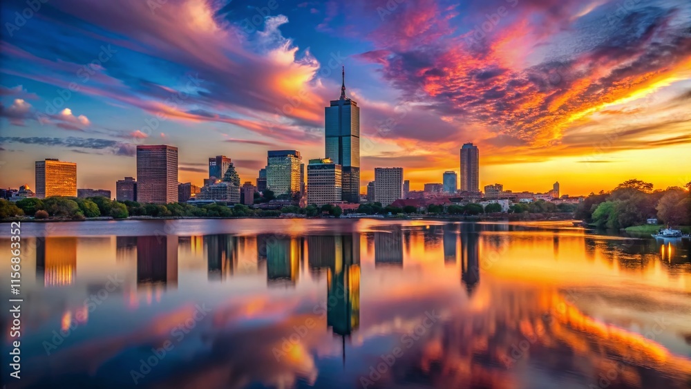 Fototapeta premium Boston Skyline Silhouette, Charles River Summer Sunset - Dramatic Cityscape