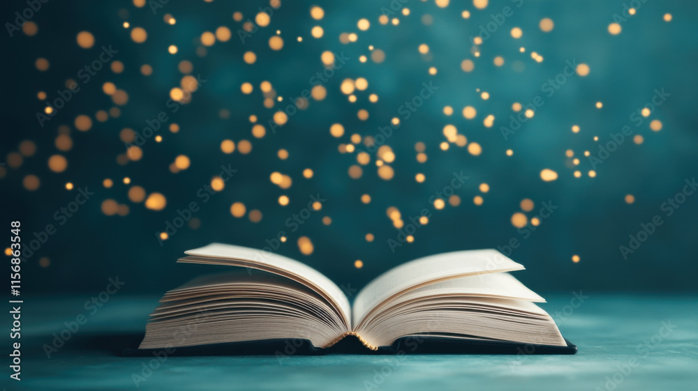 Open book with magical light beams and floating particles Open book with magical light beams and floating particles