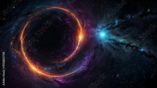 A mesmerizing view of a black hole with swirling cosmic colors of deep black, purple, and blue, featuring a glowing event horizon against a starry space backdrop.