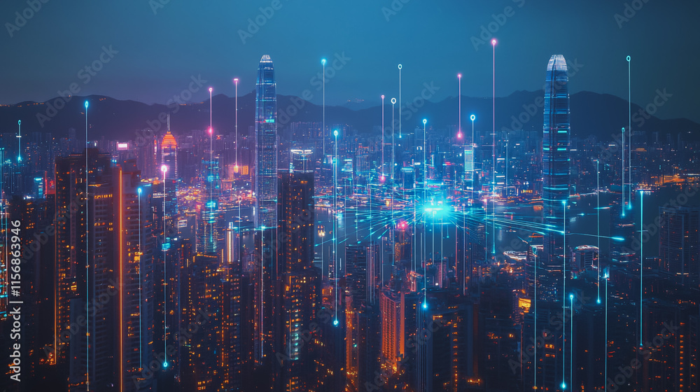 Smart digital Innovation city with connection network reciprocity over the cityscape. of future smart wireless city and social media networking systems that connects business people with in city Smart digital Innovation city with connection network reciprocity over the cityscape. of future smart wireless city and social media networking systems that connects business people with in city