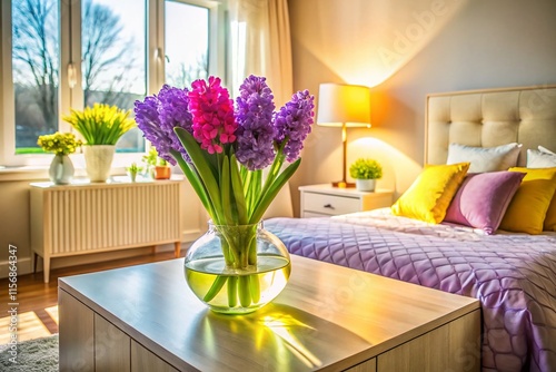 Bright Modern Bedroom Interior with Hyacinth Flowers - Stock Photo
