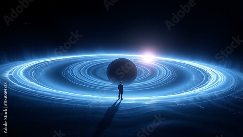A cosmic depiction of a black hole with intricate gravitational waves bending light, set in a minimalist space environment with subtle nebula highlights.