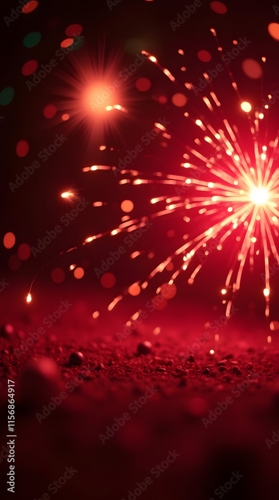 Festive background featuring red fireworks and pyrotechnics against a blurred backdrop with lights, sparks, and firecrackers. Perfect for summer festivals like Natsumatsuri, Chinese New Year, or celeb Festive background featuring red fireworks and pyrotechnics against a blurred backdrop with lights, sparks, and firecrackers. Perfect for summer festivals like Natsumatsuri, Chinese New Year, or celeb