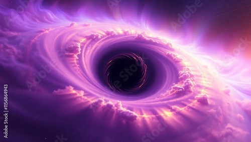 A dramatic scene of a black hole surrounded by faint galactic dust and soft beams of distorted light, providing a realistic yet surreal cosmic background.