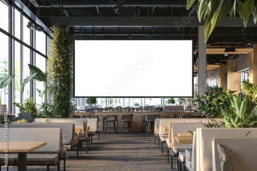 Restaurant interior with blank screen mockup 