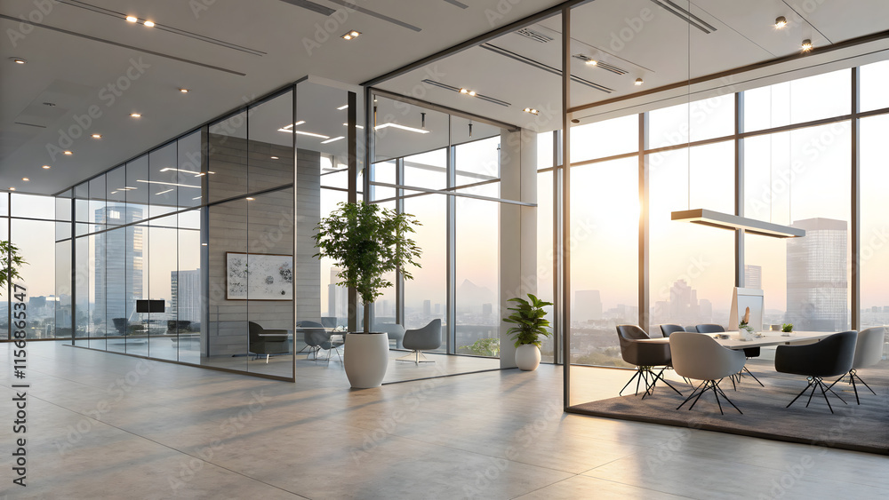 Open office layout with glass partitions, natural light, and decorative plants Open office layout with glass partitions, natural light, and decorative plants