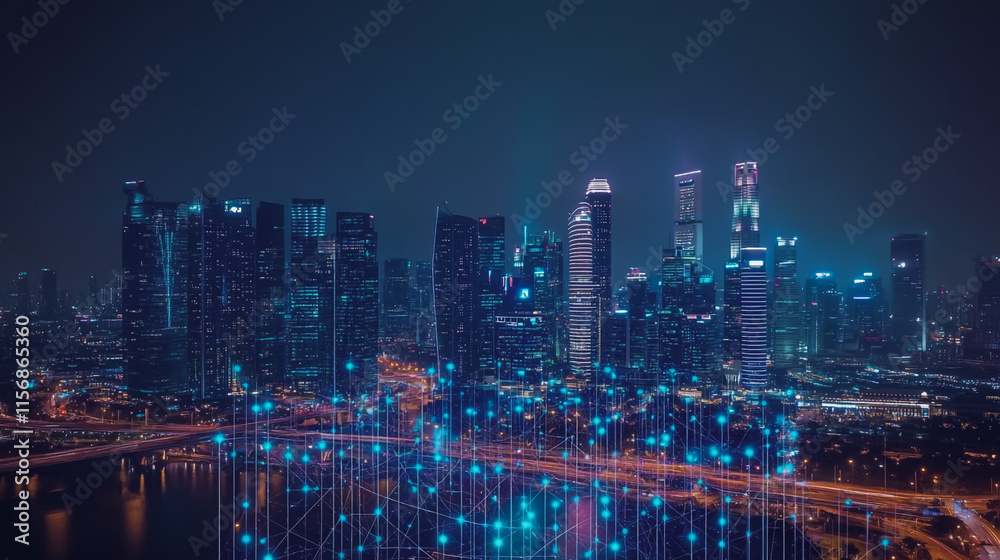 Naklejka premium Smart digital Innovation city with connection network reciprocity over the cityscape. of future smart wireless city and social media networking systems that connects business people with in city