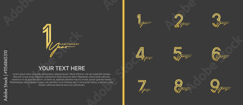 logo anniversary set. gold color with handwriting on black background for special event photo