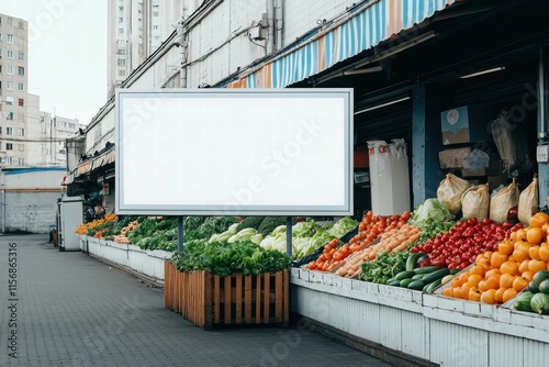 Blank Billboard in City Market:  A large, blank billboard stands prominently in front of a bustling city market, ripe with fresh produce and vibrant colors. photo