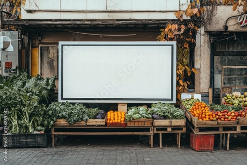Blank Billboard in City Market: A large, blank billboard in a city market setting, providing a prime advertising space amidst vibrant produce displays.