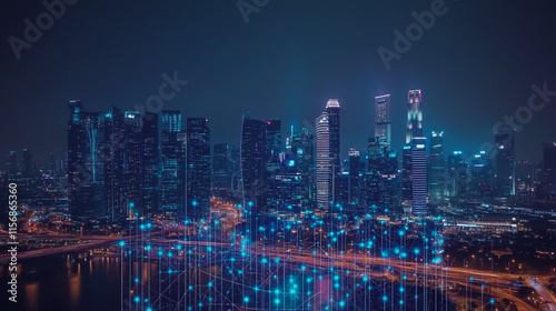 Wallpaper Mural Smart digital Innovation city with connection network reciprocity over the cityscape. of future smart wireless city and social media networking systems that connects business people with in city Torontodigital.ca