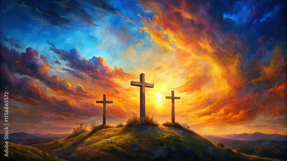 Calvary Crosses: Dramatic Oil Painting of Crucifixion with High Depth of Field Calvary Crosses: Dramatic Oil Painting of Crucifixion with High Depth of Field