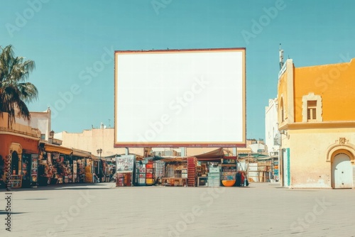 Blank Billboard in Vibrant City Square:  A large, blank billboard stands tall in a bustling city square, bathed in warm sunlight.