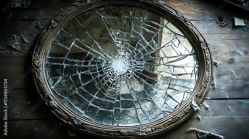 Fototapeta premium Shattered Antique Mirror Photo: Close-Up View of a Beautifully Cracked Reflection in an Abandoned Building. AI Generated