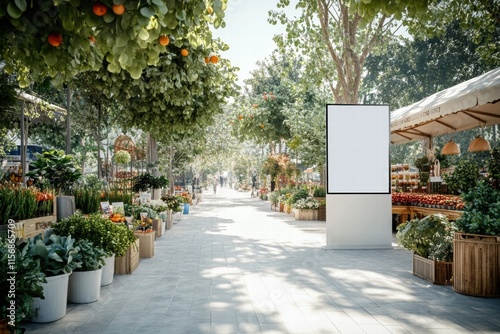 Vibrant Flower Market with Blank Signage: A picturesque pathway lined with vibrant flowers and plants, showcasing a blank vertical sign perfect for advertising or branding.