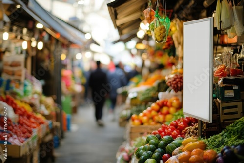 Vibrant Market Scene: Blank Signage Amidst Fresh Produce 