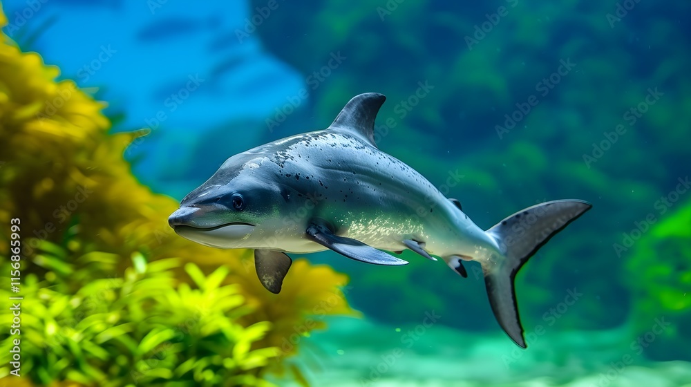 Obraz premium Underwater Scene with Dolphin Swimming in Vibrant Coral Reef
