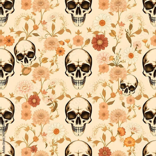 Floral Skull Pattern: Elegant and slightly spooky seamless pattern design featuring detailed human skulls intertwined with vintage-style flowers in warm, earthy tones. Perfect for textiles.