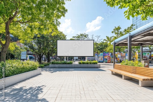 Blank Billboard in City Park:  A large, blank billboard stands invitingly in a vibrant city park, surrounded by lush greenery, providing a perfect canvas for your advertisement.