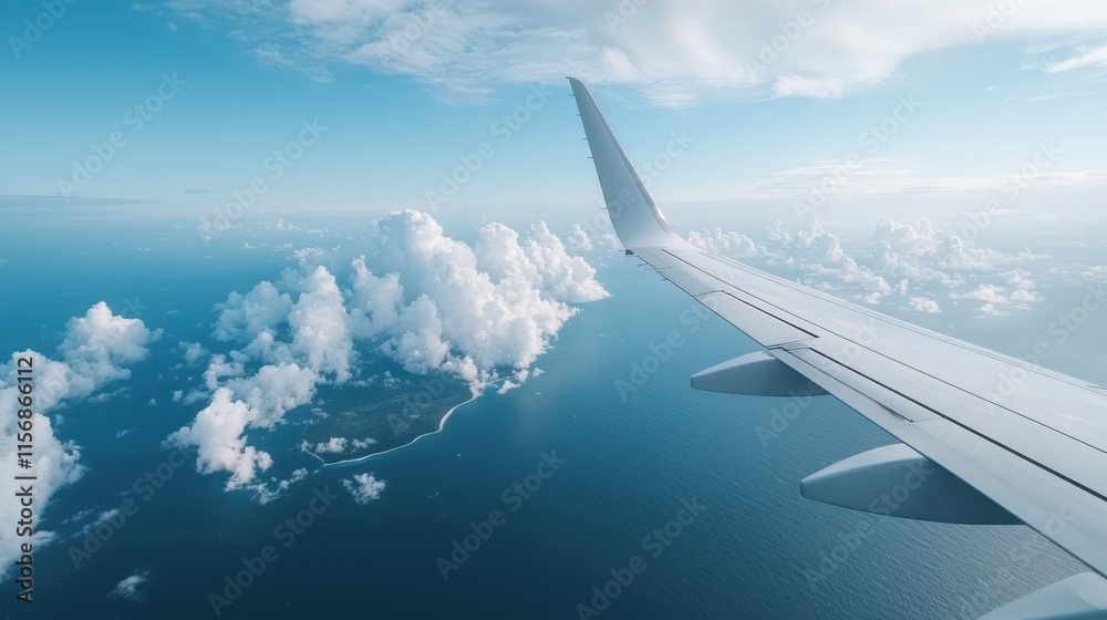 Aerial view from an airplane wing, showcasing clouds and a serene ocean landscape under a bright blue sky. Aerial view from an airplane wing, showcasing clouds and a serene ocean landscape under a bright blue sky.