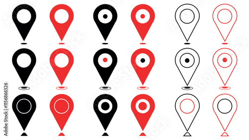 Location pointer icon symbol on white background, set of map point on white background, tag of destination in travel and road, sign of navigation, map marker in different shapes, GPS location symbols