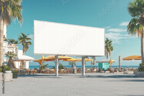 Blank Billboard on Beach Promenade: A large blank billboard stands prominently on a bustling beachside promenade, offering a prime advertising space amidst the vibrant summer scene.  