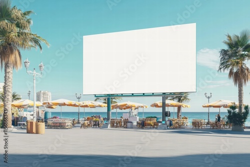 Beachfront Billboard Mockup: Summertime advertising, blank billboard on a sunny beach with palm trees, cafes, and beach umbrellas. Perfect for showcasing your brand in a vibrant vacation setting. 