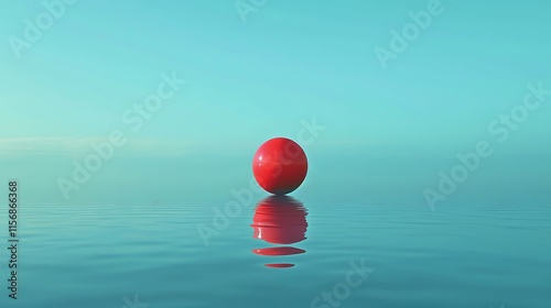 A single red ellipsoid hovering against a calm blue backdrop