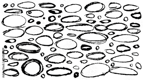 Set of black ovals drawn with chalk, hand drawn collection of different scribble lines and brush strokes, collection of hand drawn scribble, set of vector oval and circle freehand white background