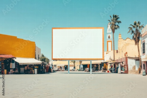Blank Billboard in Vibrant Moroccan City: A blank billboard stands tall in a bustling Moroccan city square, offering a canvas for advertising and promotion. The vibrant architecture, sunny sky.