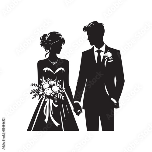 Black Color wedding couple silhouette design Vector Illustration, Solid White Background 41.eps