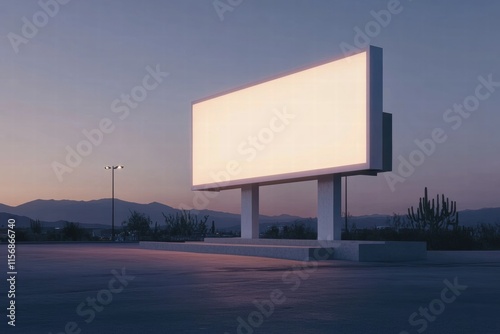 Blank Billboard at Dusk: A  large, blank billboard stands illuminated against a backdrop of rolling hills and a twilight sky.